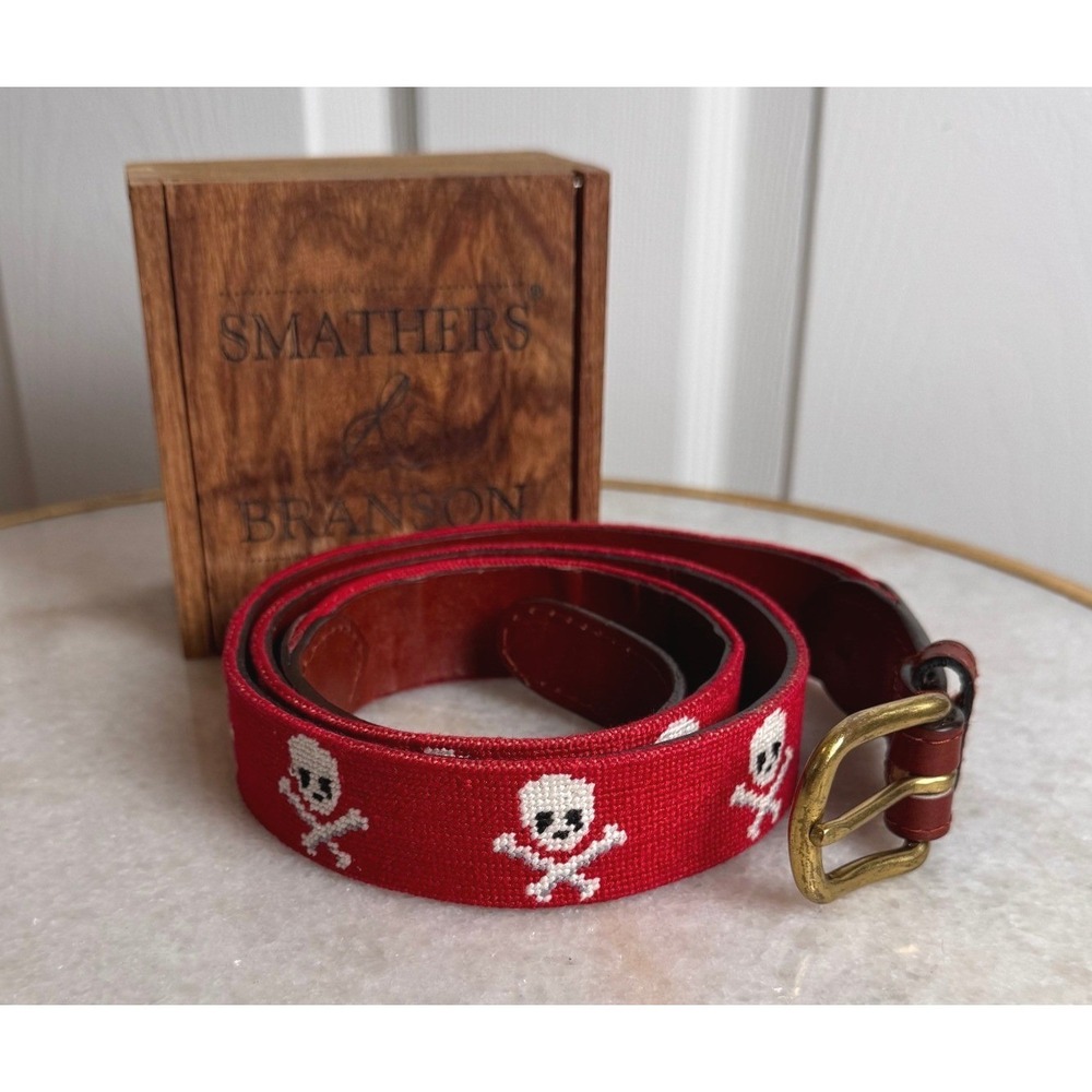 Smathers & Branson Jolly Roger Red, Needlepoint Leather Belt Size 42 with Box